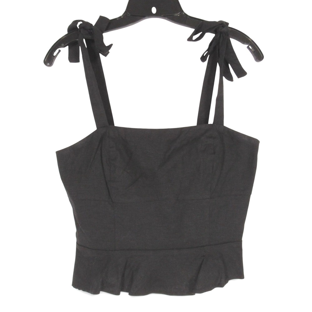 GIANNI BINI Linen Blend SMOCKED Zip TIE STRAPS Crop RUFFLE PEPLUM Tank Top Sz 8